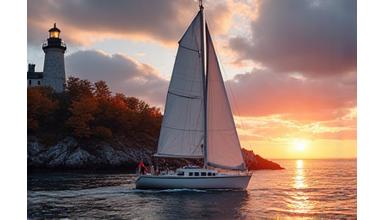 Classic sailboat in a New England harbor at sunset